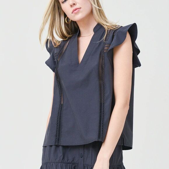 Brochu Walker The Havana Top Size XS Boxy Ruffle Sleeve Lattice Trim Gray - Picture 1 of 6
